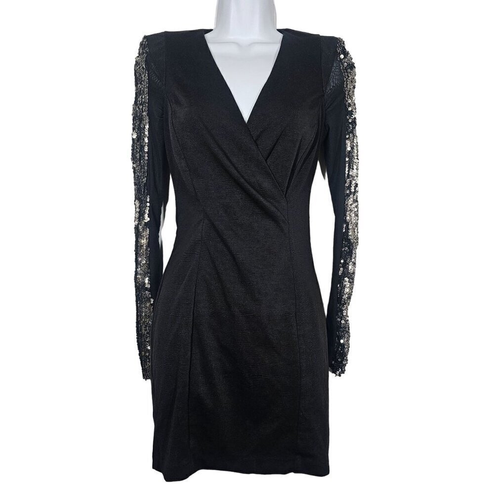 Ark & Co Wrap Dress Black Long Sleeve Mesh Sequin Embellished Silver Women's S